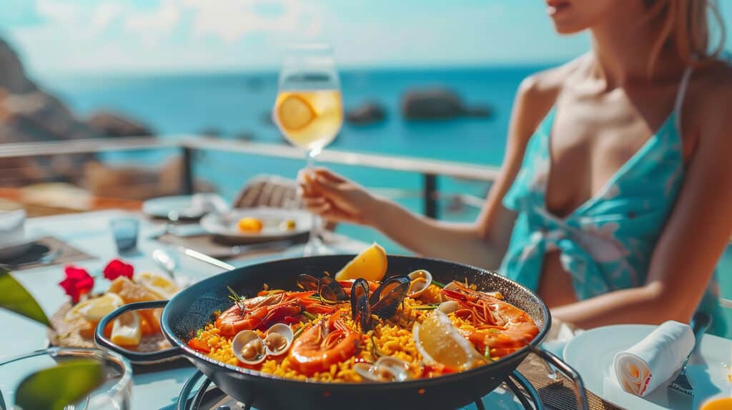 Chica disfrutando de un arroz con marisco frente al mar. 