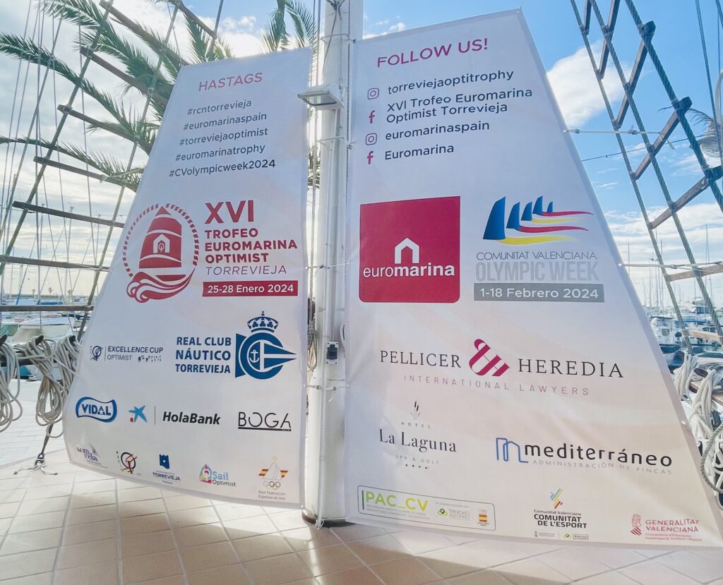 Printed banner with the sponsors of the XVI Euromarina Optimist Trophy Torrevieja.